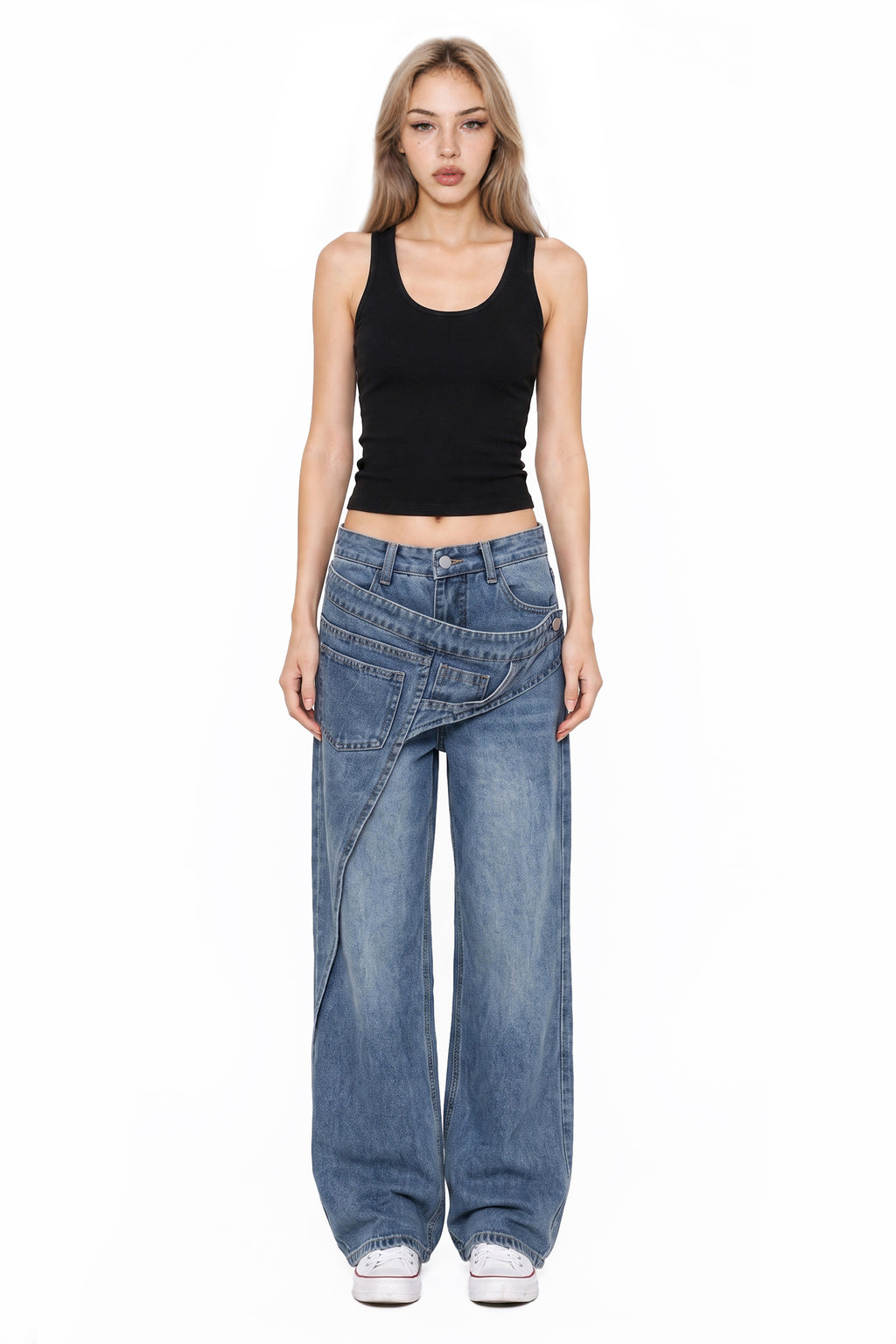 Layered Wrap Waist Wide Leg Denim Jeans