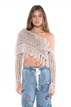 Fringe One-Shoulder Macrame Crop Top