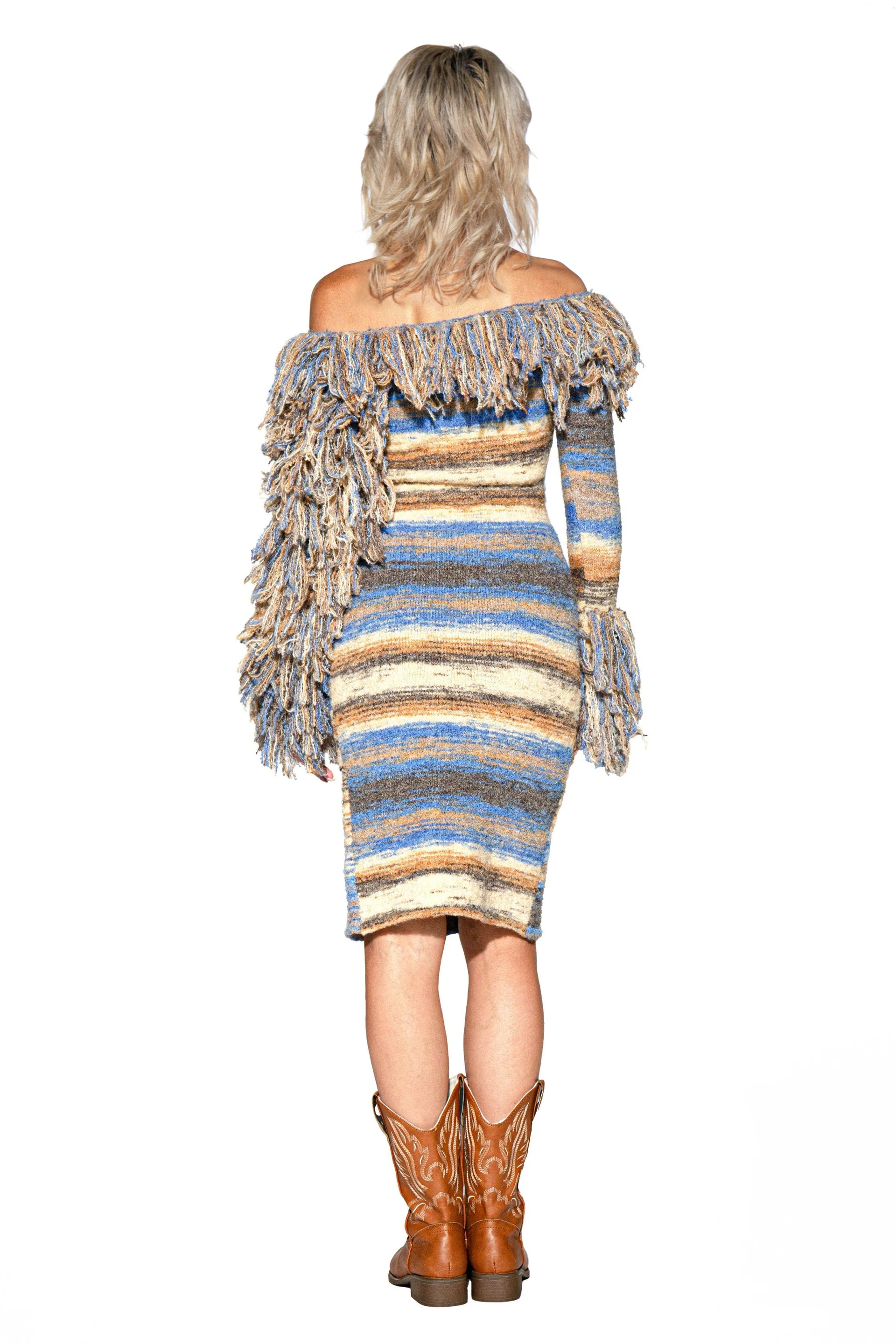 Fringe Horizon Knit Off-Shoulder Sweater Dress