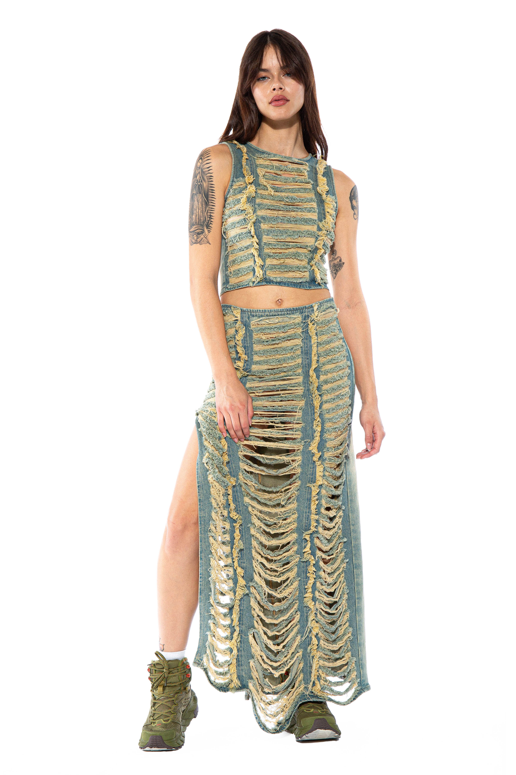 Extreme Shredded Distressed Denim Maxi Skirt