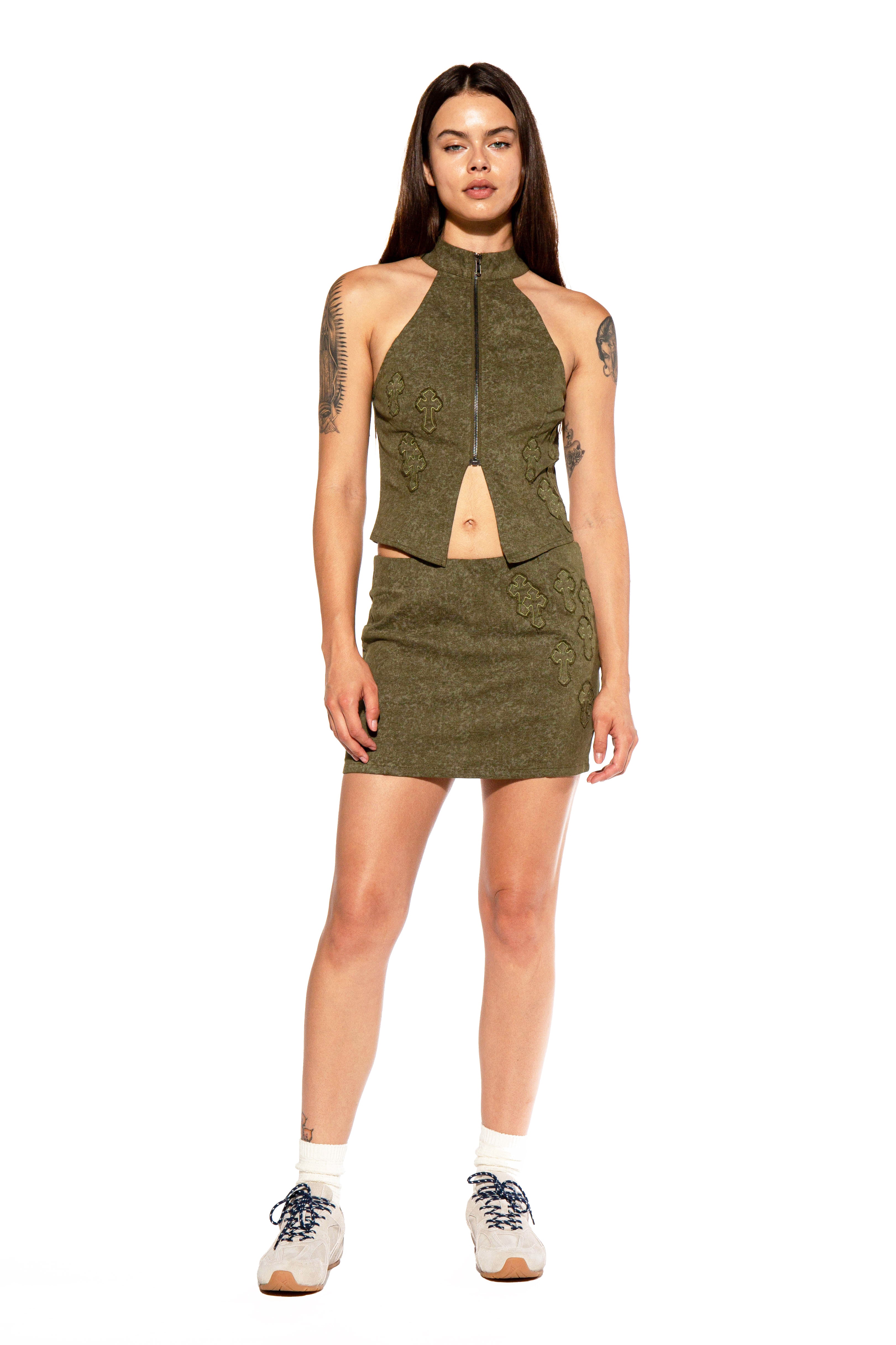 Cross Embroidered Zip-Front Halter Set