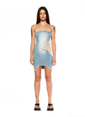 Cutout Mesh Strapless Denim Mini Dress