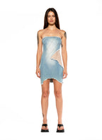 Cutout Mesh Strapless Denim Mini Dress