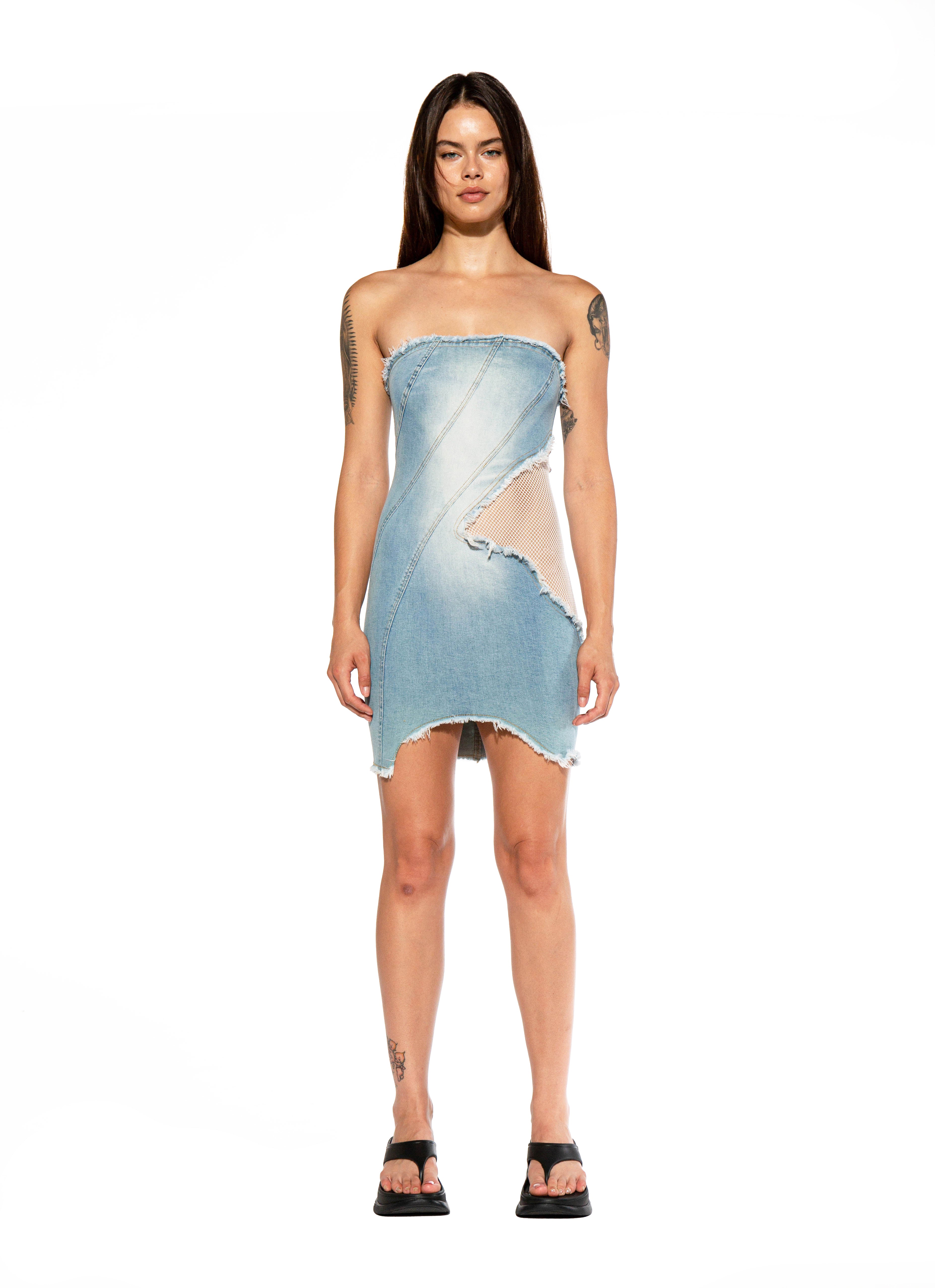 Cutout Mesh Strapless Denim Mini Dress