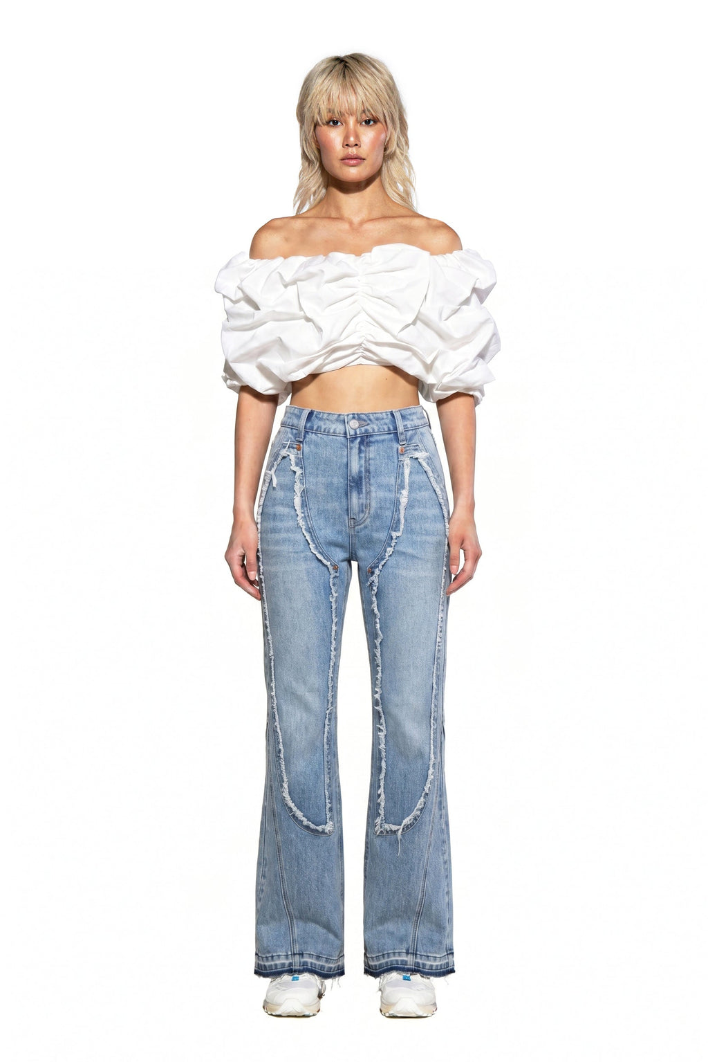 Ripped Curve-Panel Flare Jeans