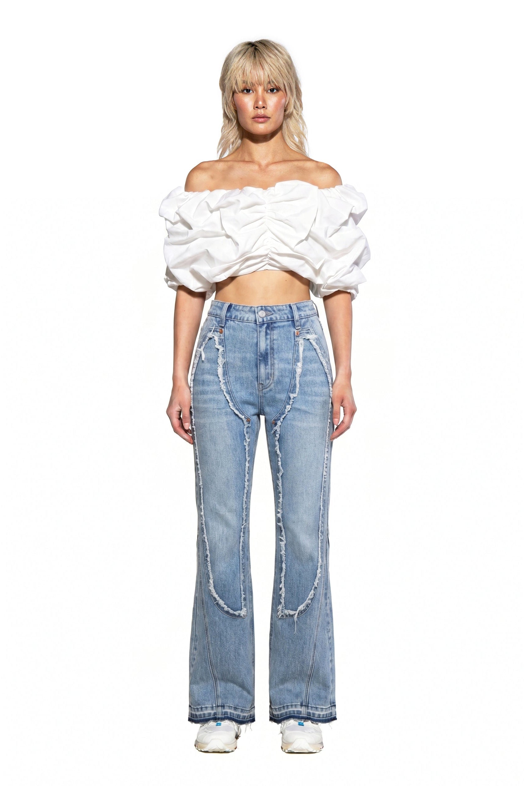 Ripped Curve-Panel Flare Jeans