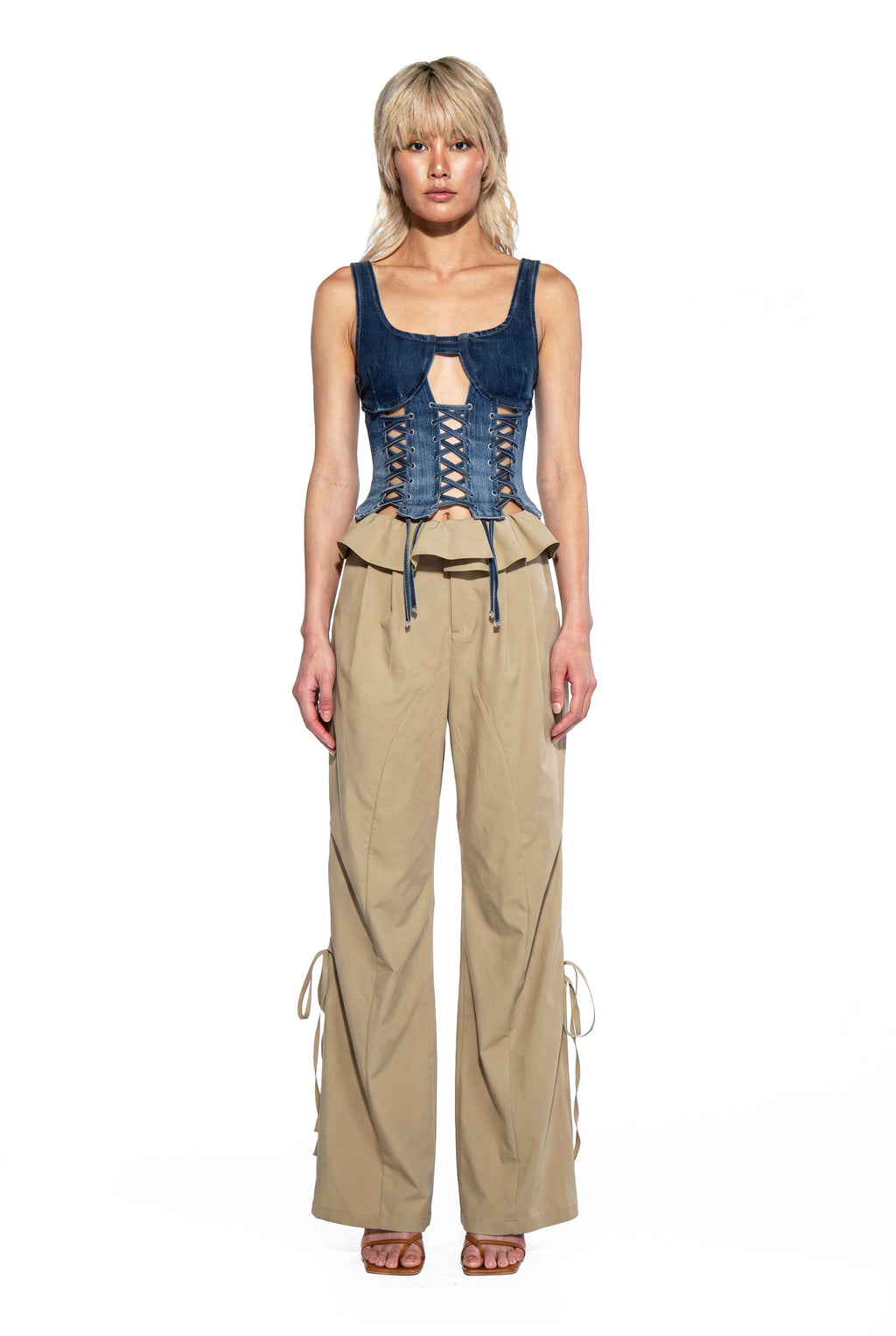 Ruffle Waist Ruched Wide-Leg Pants