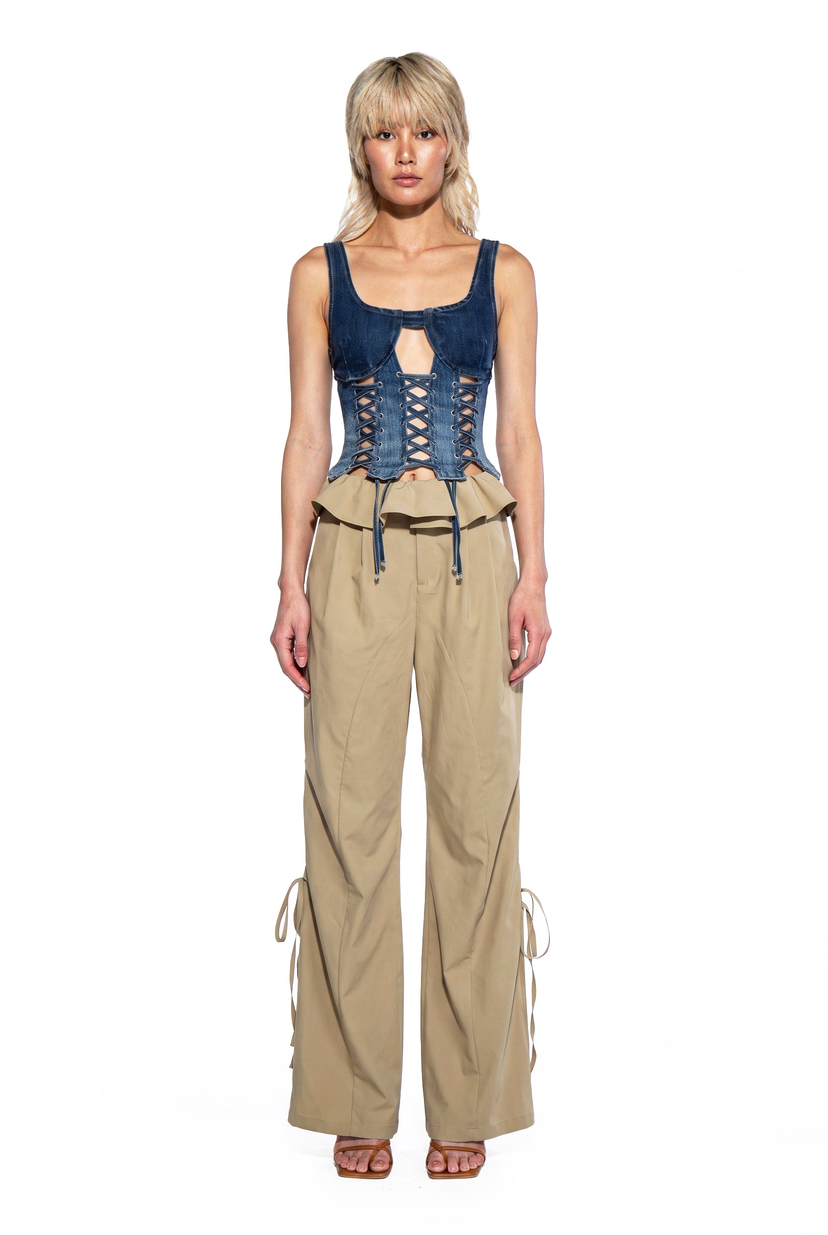 Ruffle Waist Ruched Wide-Leg Pants