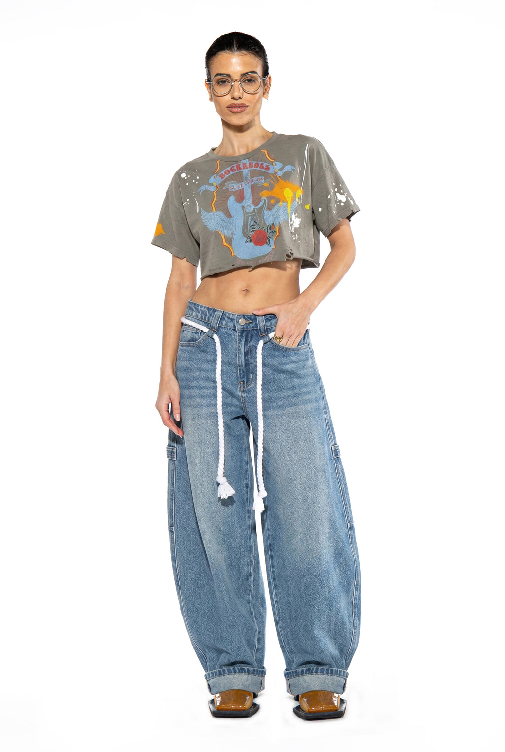 Balloon Wide-Leg Baggy Jeans with Rope Belt