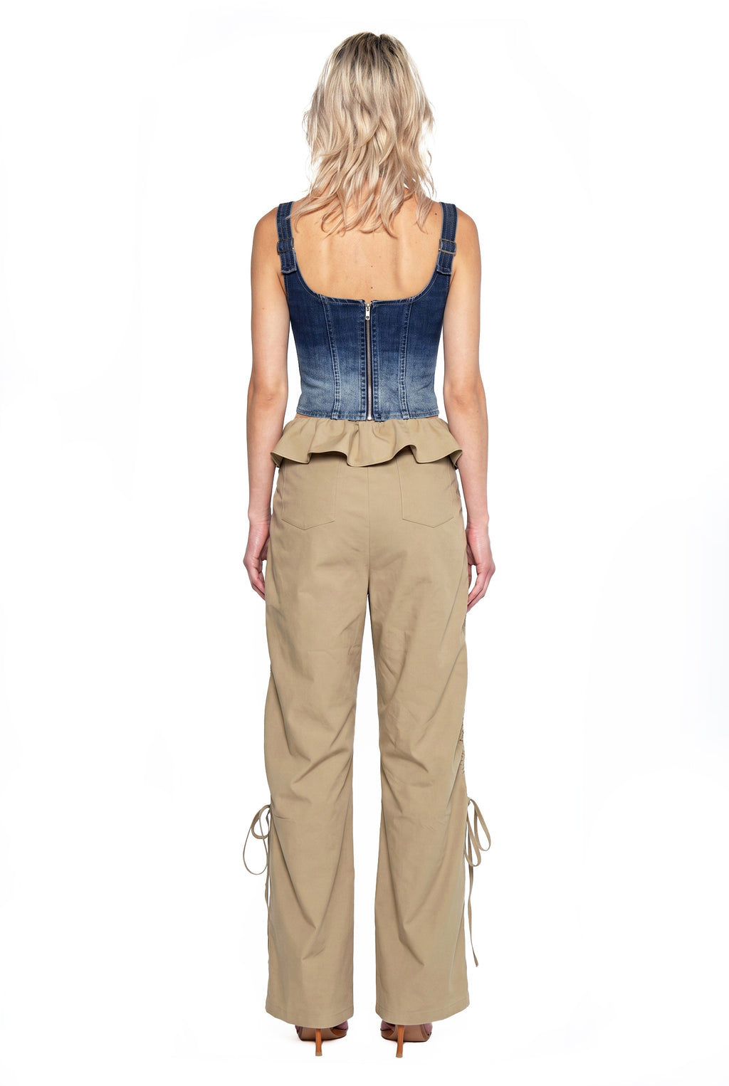 Ruffle Waist Ruched Wide-Leg Pants
