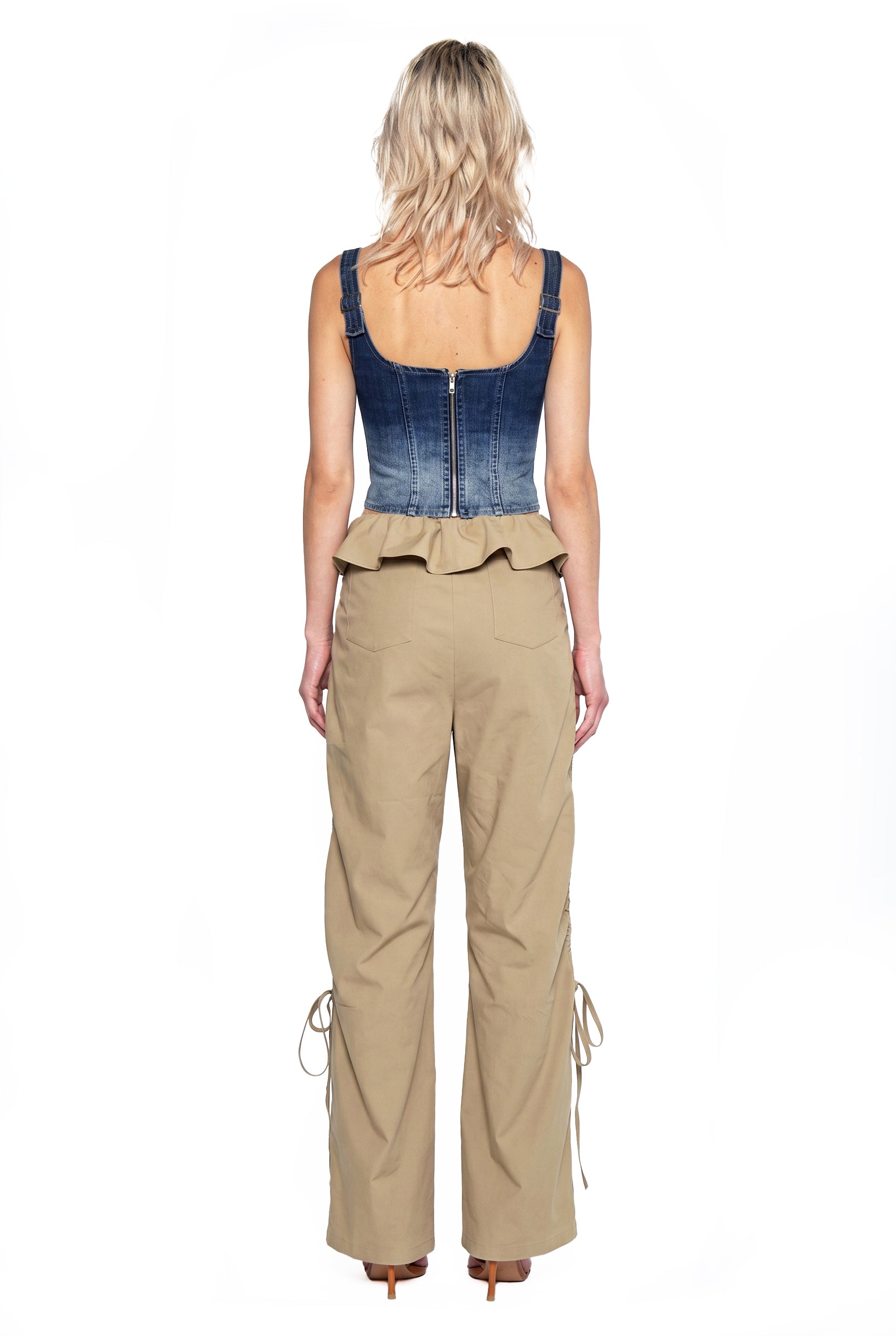 Ruffle Waist Ruched Wide-Leg Pants