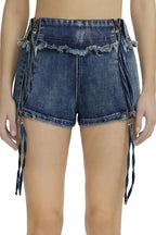 Side-Zip Frayed Waist Denim Shorts