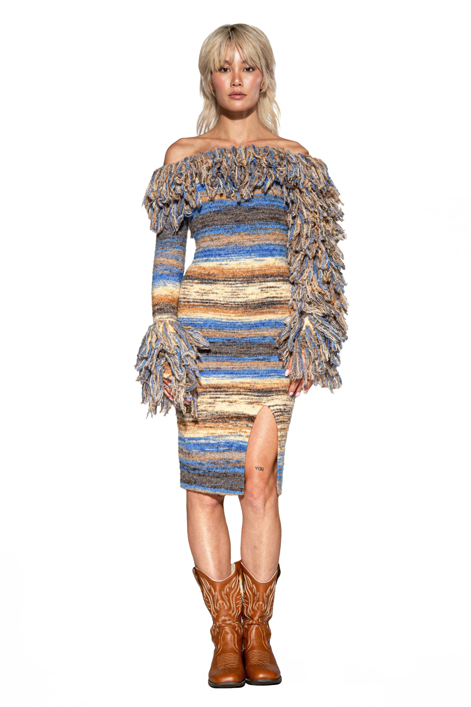 Fringe Horizon Knit Off-Shoulder Sweater Dress